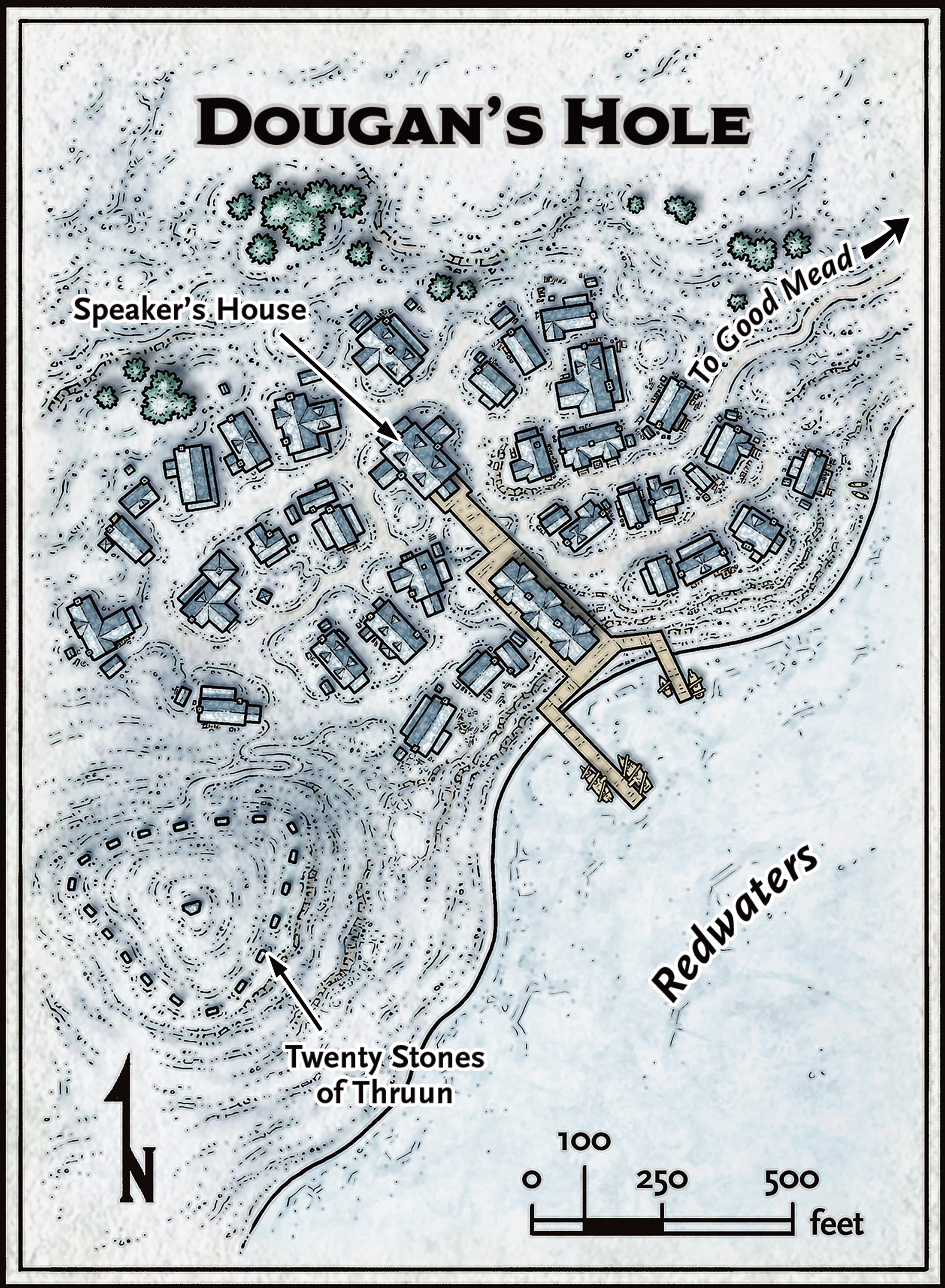 Map of Dougan's Hole settlement showing town layout, streets, and notable buildings